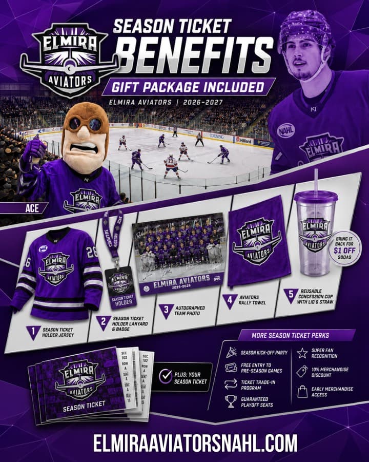 Elmira Aviators 2026-2027 season ticket benefits: jersey, gift package, priority seating and more