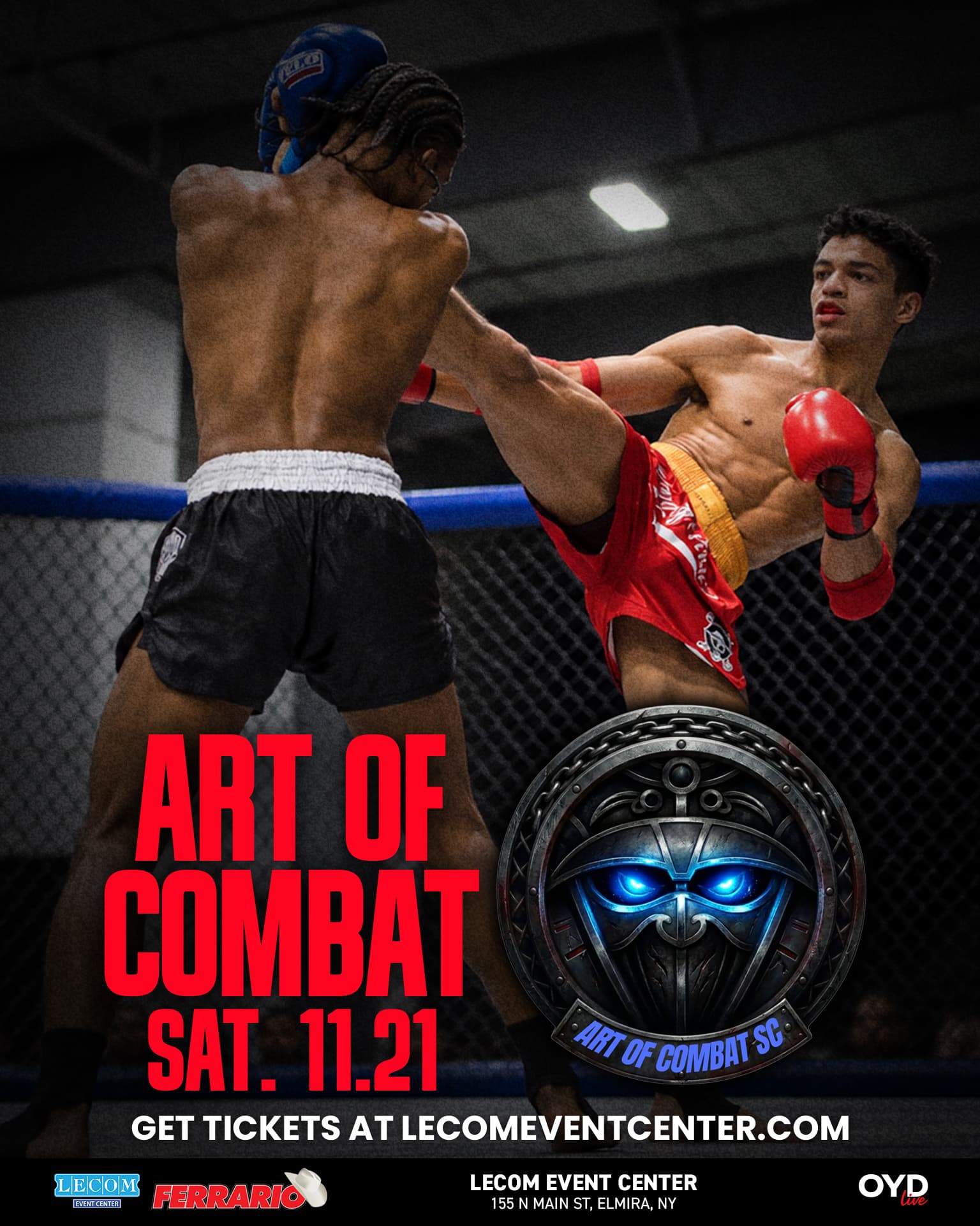 Art of Combat poster: a fighter in red trunks throws a kick in the cage beside the Art of Combat SC logo. Saturday 11.21 at the LECOM Event Center, 155 N Main St, Elmira, NY. Get tickets at lecomeventcenter.com