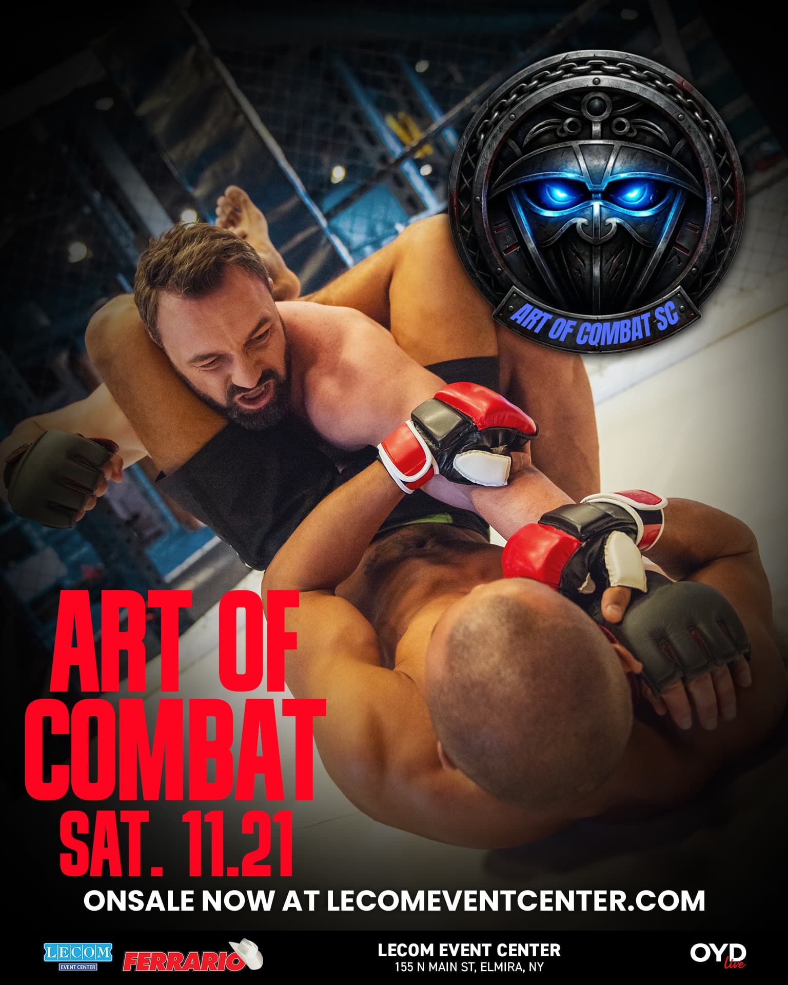 Art of Combat poster: two MMA fighters grappling on the cage floor under the Art of Combat SC logo, Saturday November 21 at the LECOM Event Center in Elmira, NY. On sale now at lecomeventcenter.com
