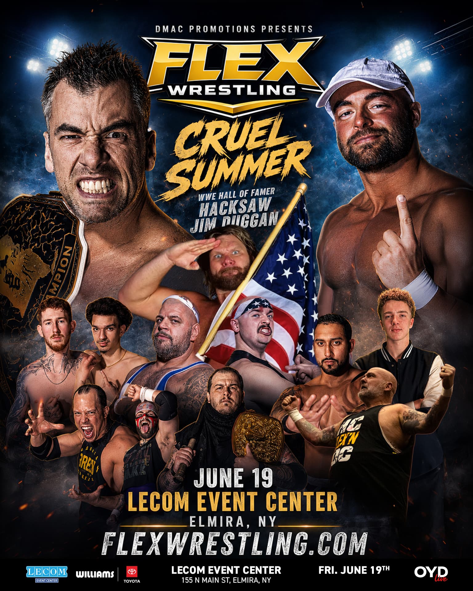 FLEX Wrestling Cruel Summer event poster featuring Hacksaw Jim Duggan