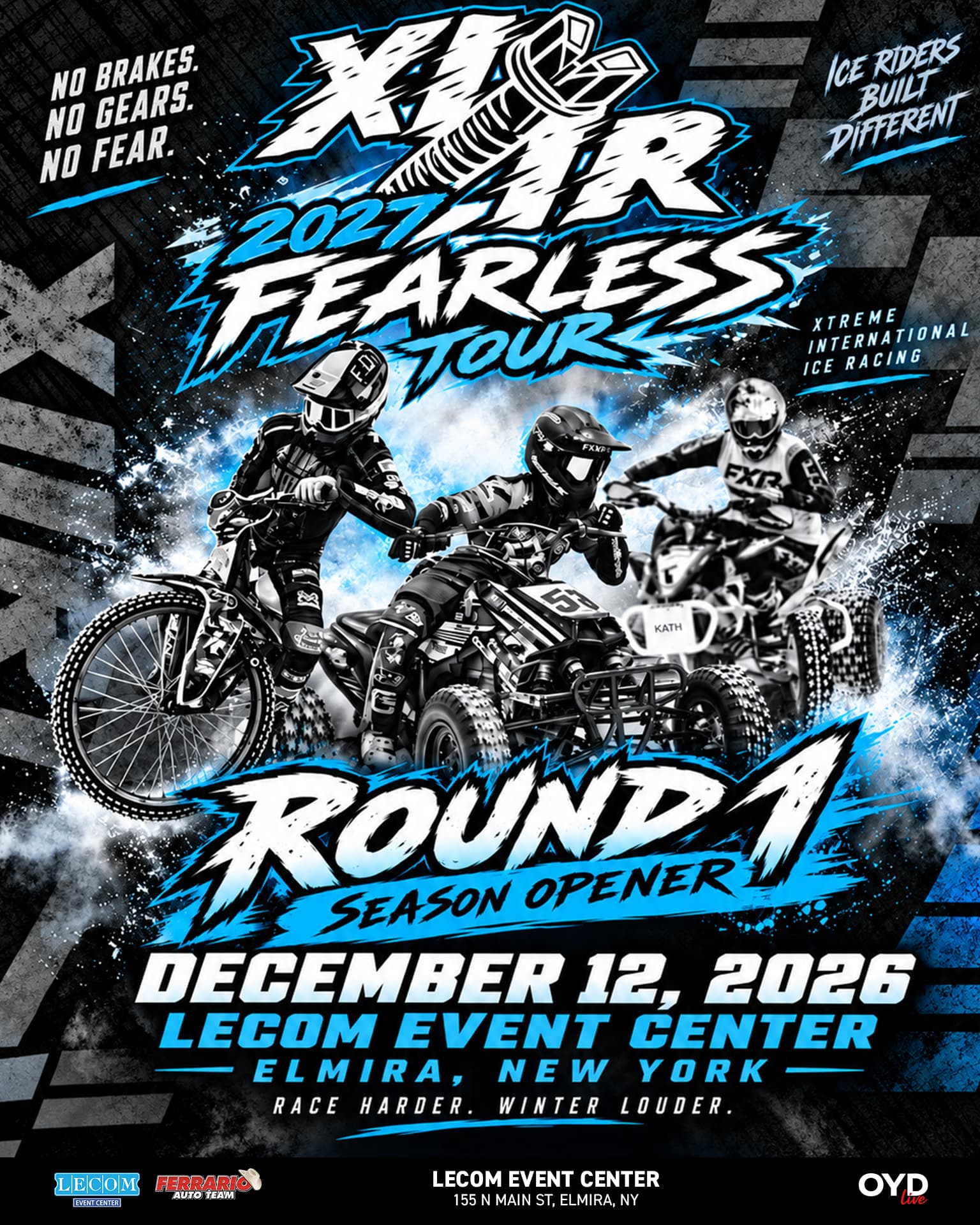 Xtreme International Ice Racing 2027 Fearless Tour — Round 1 season opener at the LECOM Event Center, December 12 2026 — ice speedway bikes and quads on studded tires