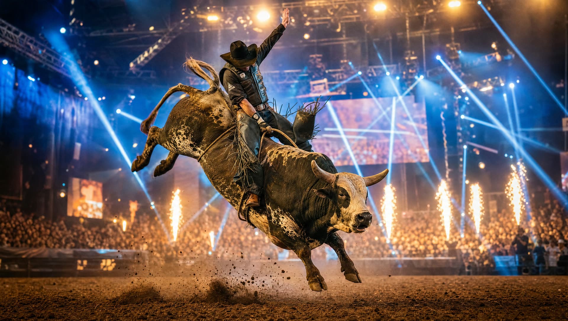 Bull rider under arena spotlights and pyro