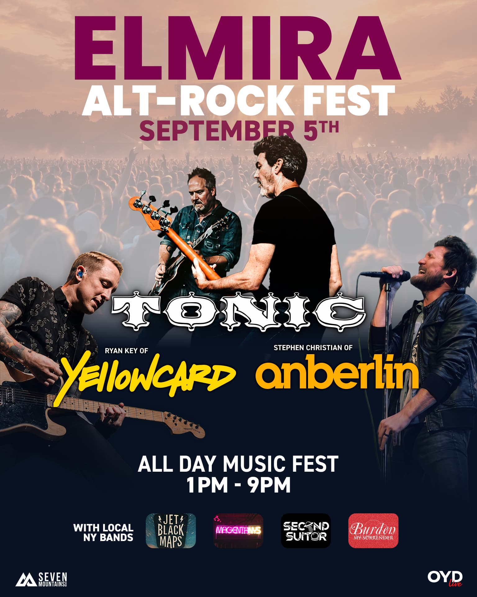 Elmira Alt-Rock Fest, September 5 — Tonic, Ryan Key of Yellowcard, Stephen Christian of Anberlin, with Jet Black Maps, MAGENTA NYS, Second Suitor and Burden My Surrender