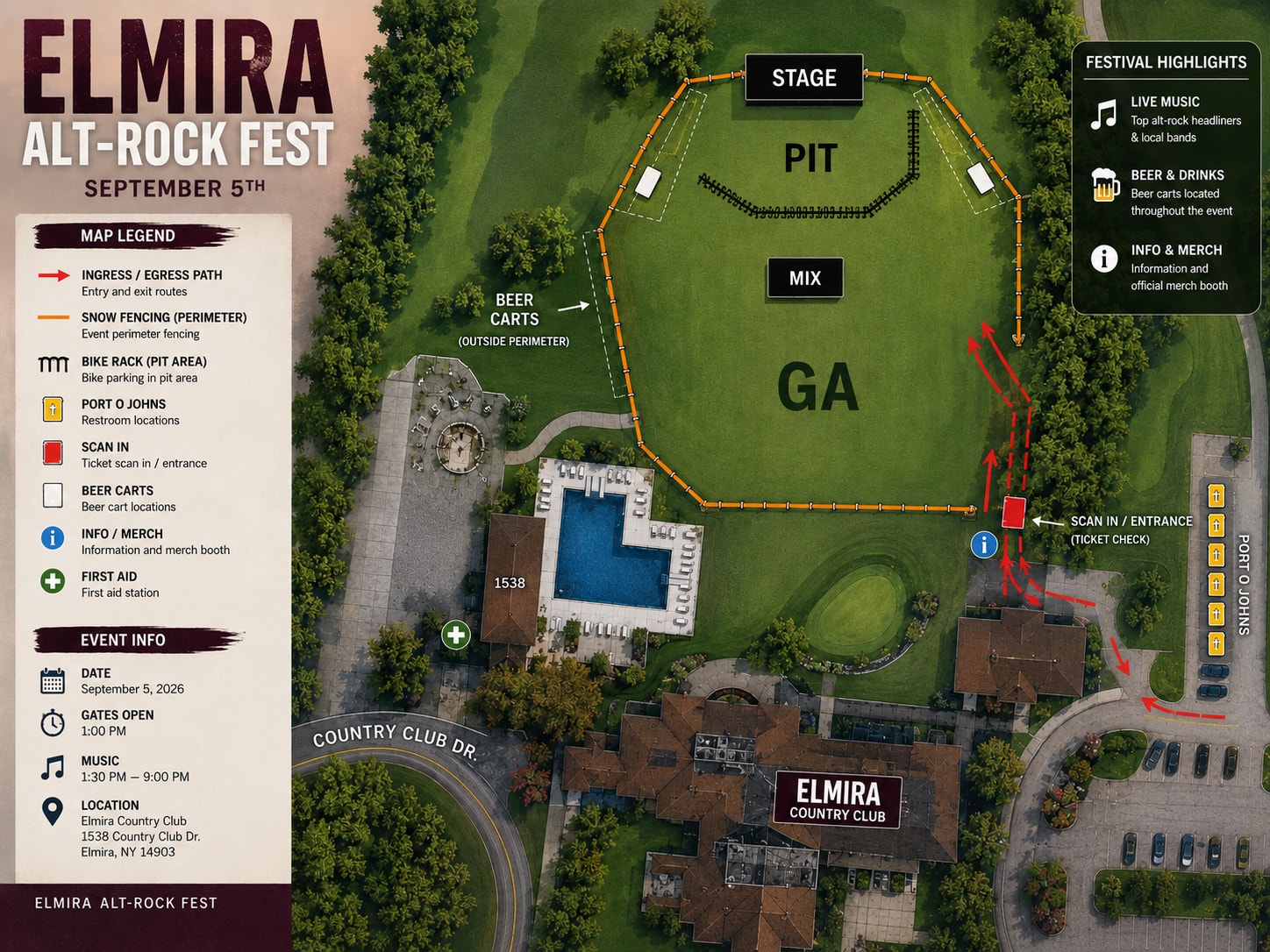 Aerial site map of Elmira Alt-Rock Fest at Elmira Country Club. The stage sits at the north end with the VIP Pit directly in front of it, then the mix position, then general admission filling the lawn behind. The whole field is ringed by perimeter fencing. Entry and ticket scan-in are at the south-east corner off the car park, with the information and merch booth beside it. Beer carts sit just outside the perimeter on the west side and inside near the stage, portable toilets run along the east edge by the car park, first aid is by the clubhouse pool, and there is a bike rack in the pit area.