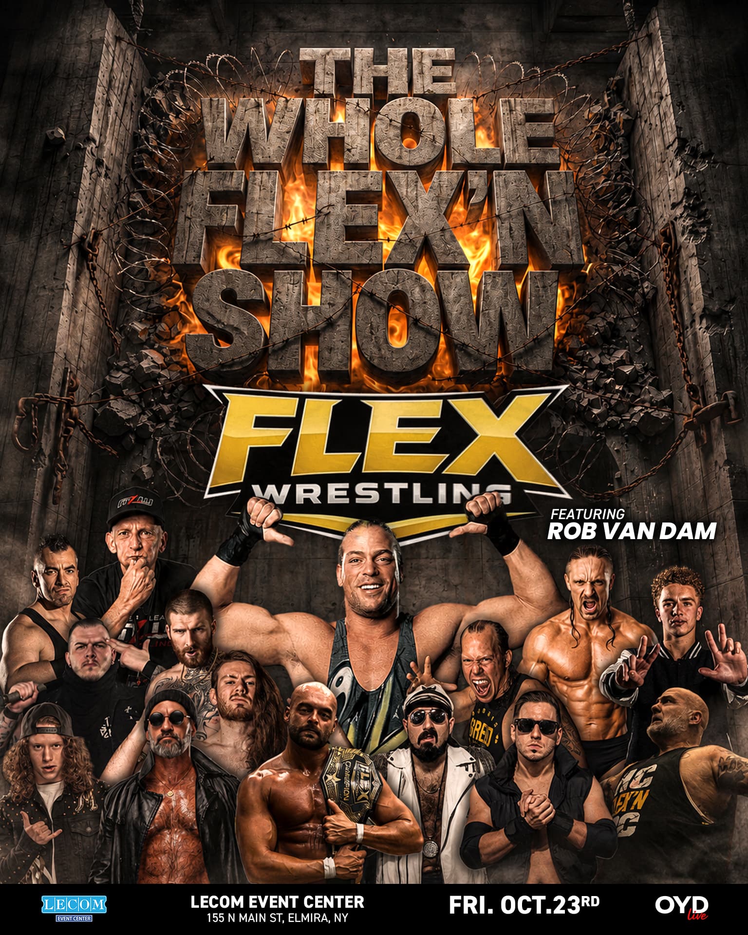 FLEX Wrestling: The Whole Flex'N Show poster featuring Rob Van Dam at LECOM Event Center, Friday October 23