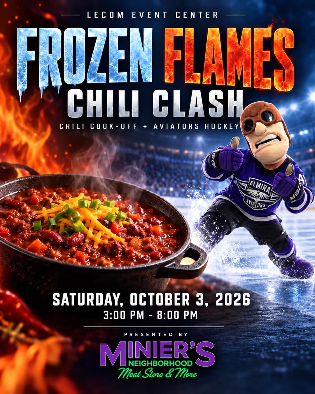 Frozen Flames Chili Clash at LECOM Event Center — chili cook-off and Elmira Aviators hockey, Saturday October 3, presented by Minier’s Neighborhood Meat Store & More