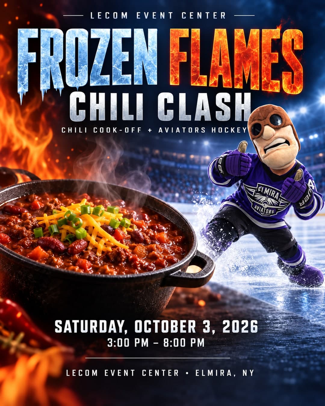 Frozen Flames Chili Clash at LECOM Event Center — chili cook-off and Elmira Aviators hockey, Saturday October 3
