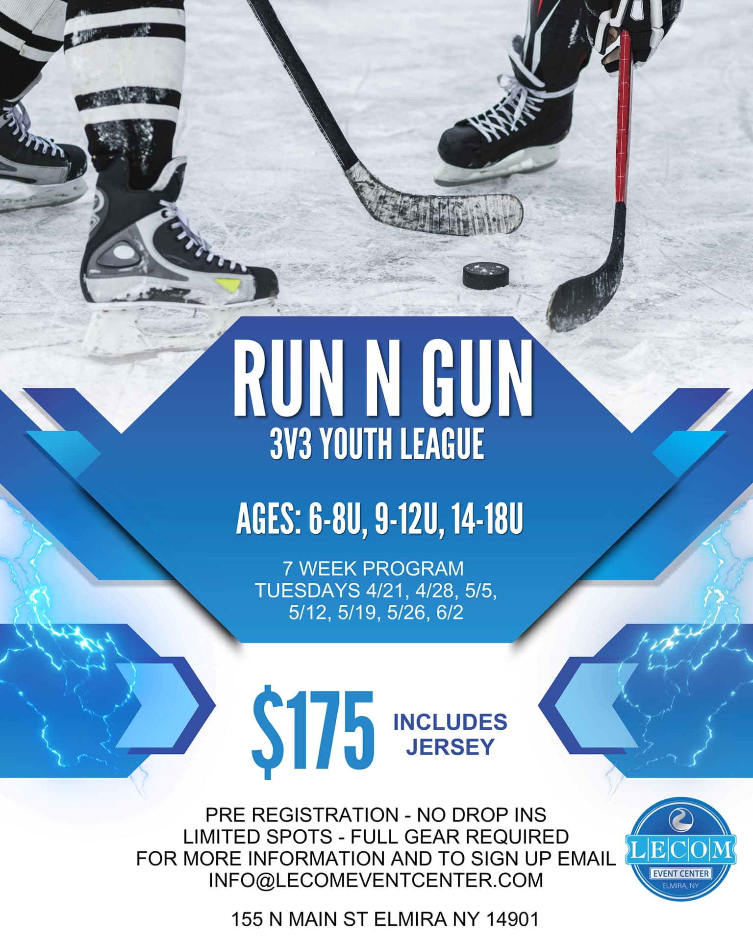 Run & Gun 3v3 youth hockey league action