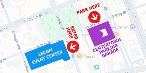 Map showing the LECOM Event Center Main St entrance and the Centertown Parking Garage on W Gray St