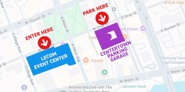 Map showing the LECOM Event Center, its Main St and Gray St entrances, and the Centertown Parking Garage on W Gray St